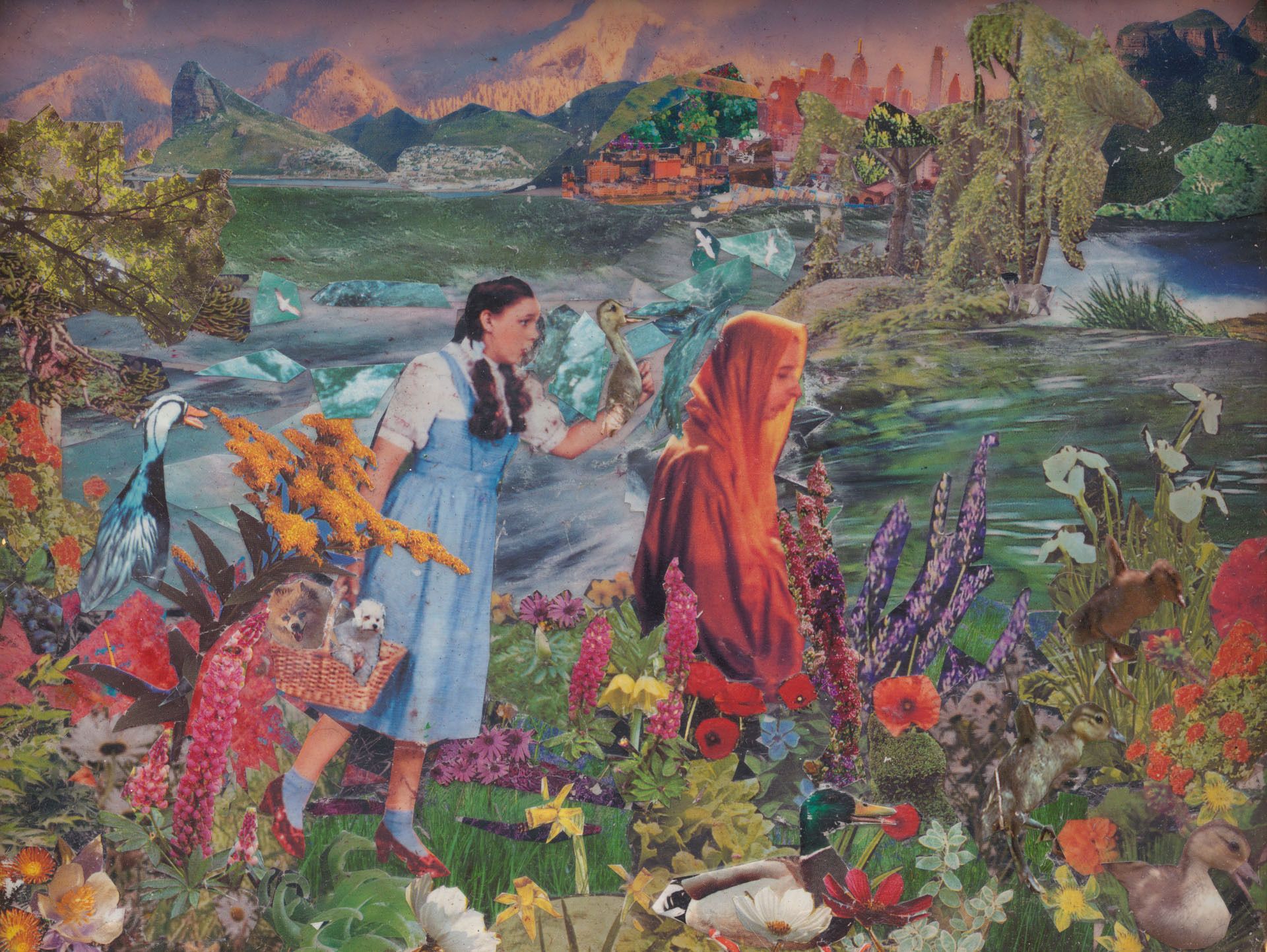 Mixed media collage featuring Dorothy from The Wizard of Oz in a blue dress holding a basket, walking through a surreal landscape of oversized flowers, birds, and mountains with a futuristic city in the background.