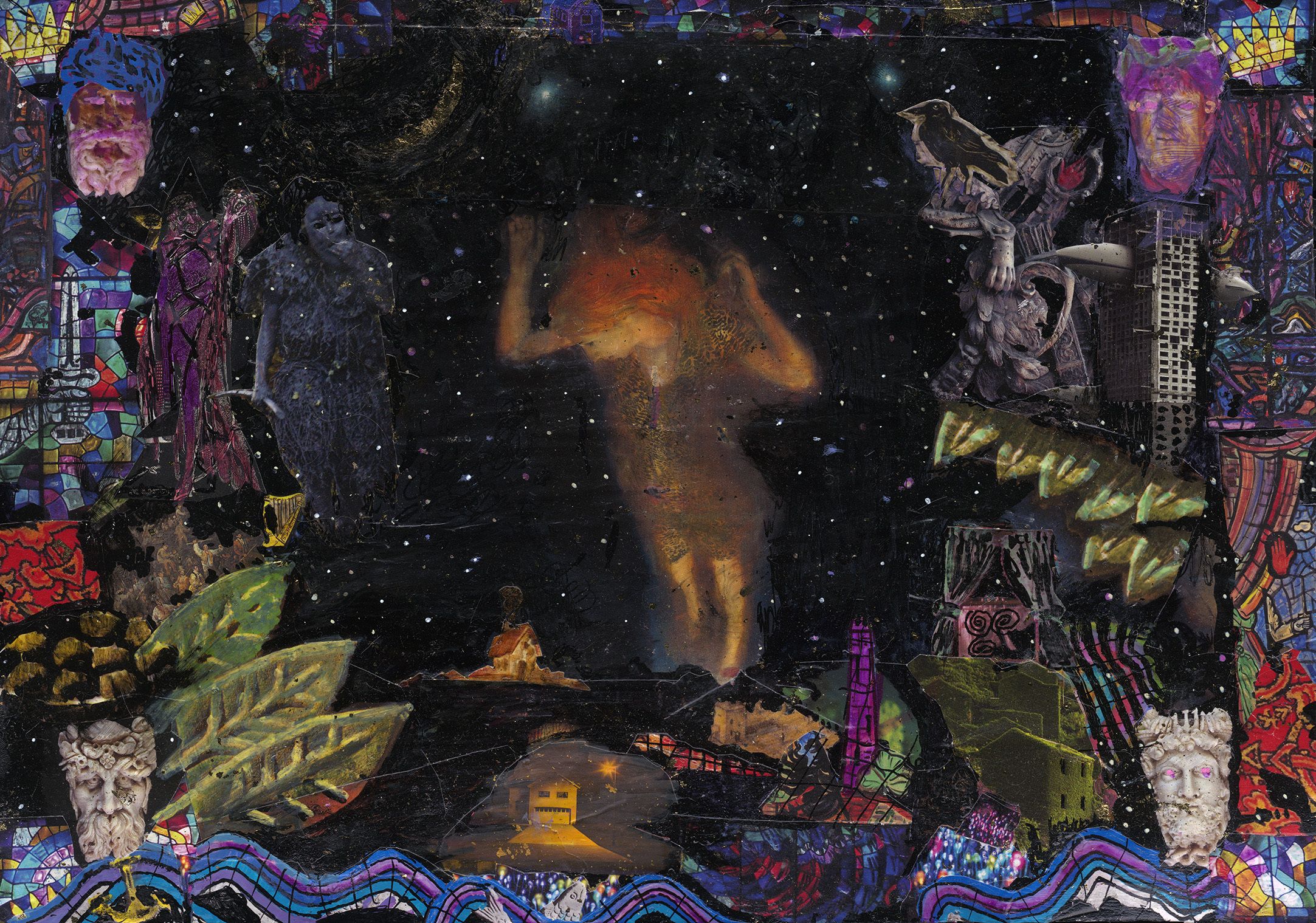 Dark, celestial collage featuring a silhouette figure floating among stars and nebulae, framed by ornate stained-glass style borders with faces and architectural elements.